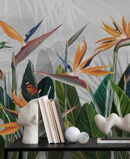 colorido mural de papel pintado tropical llamado Tropical Forest Flowers and Birds at Wallsauce para dormitorios y comedores