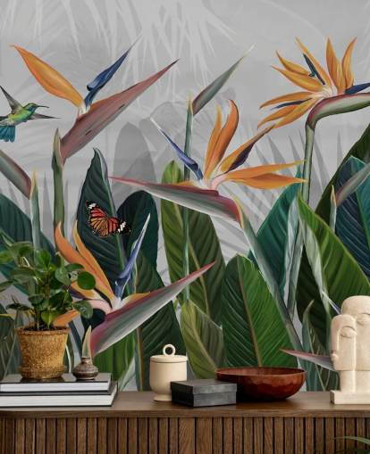 papier peint mural tropical coloré intitulé Tropical Forest Flowers and Birds at Wallsauce pour les chambres et les salles à manger