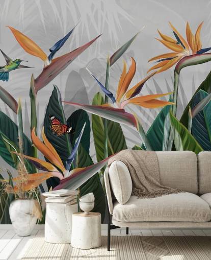 colorido mural de papel pintado tropical llamado Tropical Forest Flowers and Birds at Wallsauce para dormitorios y comedores
