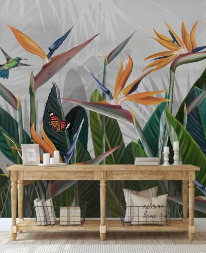 colorful tropical wallpaper mural called Tropical Forest Flowers and Birds at Wallsauce for bedrooms and dining rooms
