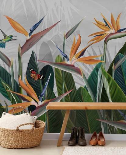 farverigt tropisk tapetmaleri kaldet Tropical Forest Flowers and Birds på Wallsauce til soveværelser og spisestuer