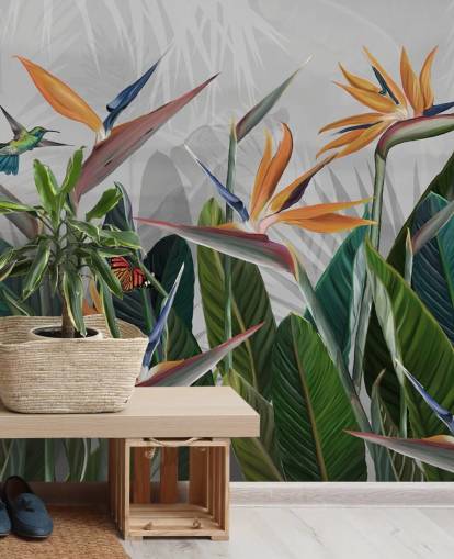 carta da parati murale tropicale colorata chiamata Tropical Forest Flowers and Birds at Wallsauce per camere da letto e sale da pranzo