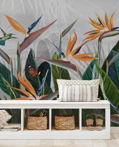 farverigt tropisk tapetmaleri kaldet Tropical Forest Flowers and Birds på Wallsauce til soveværelser og spisestuer