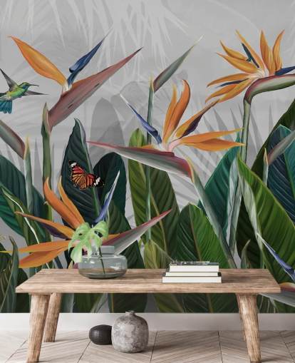 colourful tropical wallpaper mural called Tropical Forest Flowers and Birds at Wallsauce for bedrooms and dining rooms colourful tropical wallpaper mural called Tropical Forest Flowers and Birds at Wallsauce for bedrooms and dining rooms