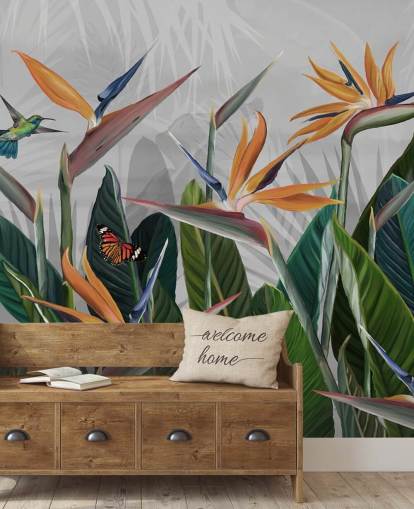 mural de papel de parede tropical colorido chamado Tropical Forest Flowers and Birds at Wallsauce para quartos e salas de jantar