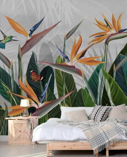 färgglad tropisk tapetväggmålning kallad Tropical Forest Flowers and Birds på Wallsauce för sovrum och matsalar
