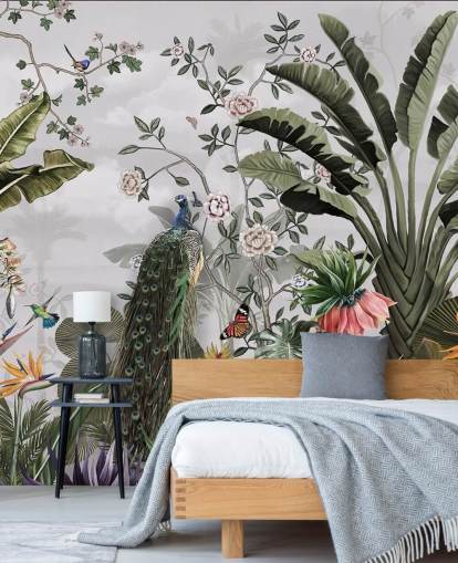 mural de papel de parede de pavão cinza chamado Tropical Forest Peacock Grey at Wallsauce para banheiros, cozinhas e quartos mural de papel de parede de pavão cinza chamado Tropical Forest Peacock Grey at Wallsauce para banheiros, cozinhas e quartos