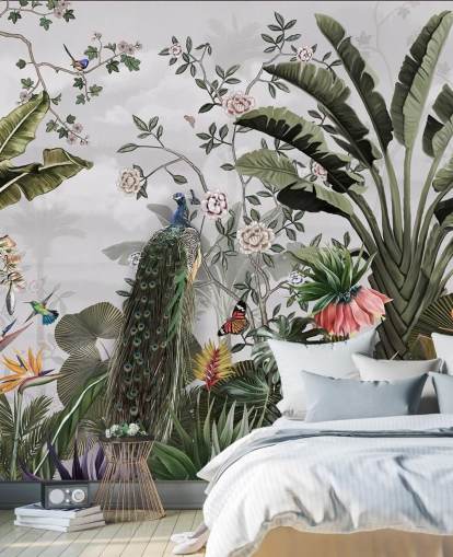 grijze pauw behangmuurschildering genaamd Tropical Forest Peacock Grey bij Wallsauce voor badkamers, keukens en slaapkamers grijze pauw behangmuurschildering genaamd Tropical Forest Peacock Grey bij Wallsauce voor badkamers, keukens en slaapkamers