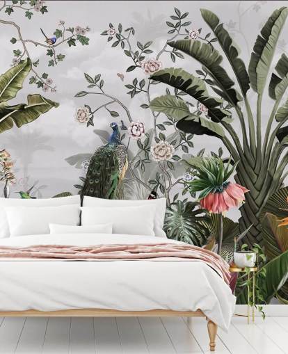 mural de papel de parede de pavão cinza chamado Tropical Forest Peacock Grey at Wallsauce para banheiros, cozinhas e quartos