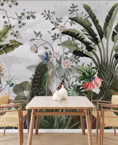 Graues Pfauentapeten-Wandbild namens Tropical Forest Peacock Grey bei Wallsauce für Badezimmer, Küchen und Schlafzimmer