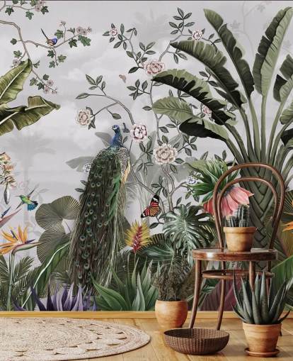 harmaa riikinkukko-taustakuvamaalaus nimeltä Tropical Forest Peacock Grey Wallsaucessa kylpyhuoneisiin, keittiöihin ja makuuhuoneisiin