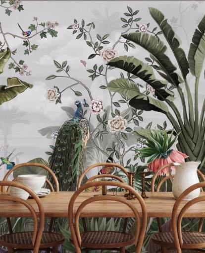 Graues Pfauentapeten-Wandbild namens Tropical Forest Peacock Grey bei Wallsauce für Badezimmer, Küchen und Schlafzimmer Graues Pfauentapeten-Wandbild namens Tropical Forest Peacock Grey bei Wallsauce für Badezimmer, Küchen und Schlafzimmer