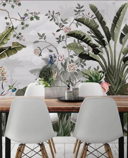 mural de papel de parede de pavão cinza chamado Tropical Forest Peacock Grey at Wallsauce para banheiros, cozinhas e quartos mural de papel de parede de pavão cinza chamado Tropical Forest Peacock Grey at Wallsauce para banheiros, cozinhas e quartos