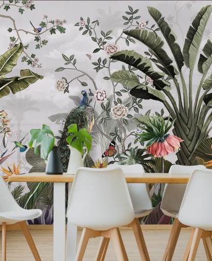 grey peacock wallpaper mural called Tropical Forest Peacock Grey at Wallsauce for bathrooms, kitchens and bedrooms