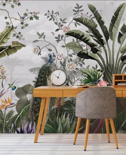 grå påfågel tapetväggmålning kallad Tropical Forest Peacock Grey på Wallsauce för badrum, kök och sovrum grå påfågel tapetväggmålning kallad Tropical Forest Peacock Grey på Wallsauce för badrum, kök och sovrum