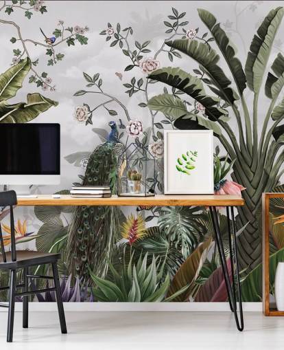 grey peacock wallpaper mural called Tropical Forest Peacock Grey at Wallsauce for bathrooms, kitchens and bedrooms