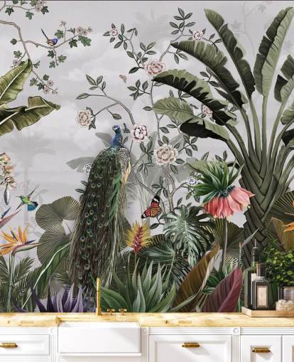 grå påfugl tapetmaleri kaldet Tropical Forest Peacock Grey på Wallsauce til badeværelser, køkkener og soveværelser