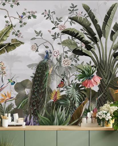 mural de papel pintado de pavo real gris llamado Tropical Forest Peacock Grey en Wallsauce para baños, cocinas y dormitorios mural de papel pintado de pavo real gris llamado Tropical Forest Peacock Grey en Wallsauce para baños, cocinas y dormitorios