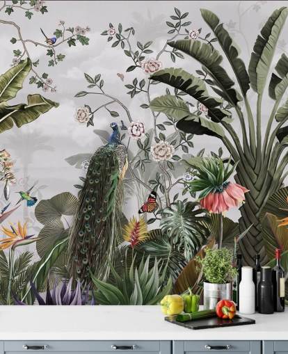 gray peacock wallpaper mural called Tropical Forest Peacock Gray at Wallsauce for bathrooms, kitchens and bedrooms gray peacock wallpaper mural called Tropical Forest Peacock Gray at Wallsauce for bathrooms, kitchens and bedrooms