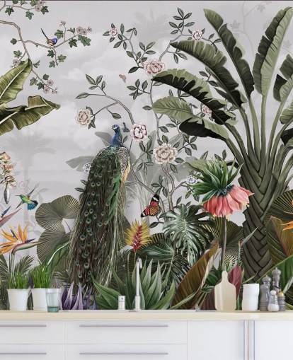 grey peacock wallpaper mural called Tropical Forest Peacock Grey at Wallsauce for bathrooms, kitchens and bedrooms