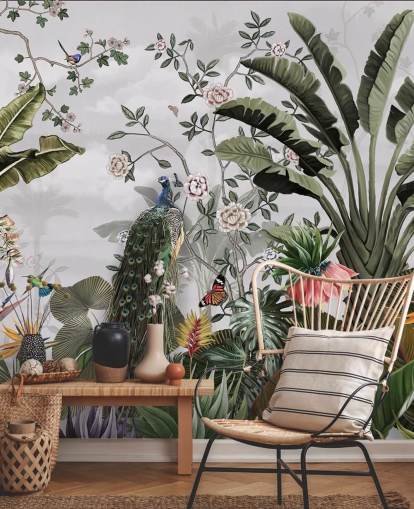 mural de papel de parede de pavão cinza chamado Tropical Forest Peacock Grey at Wallsauce para banheiros, cozinhas e quartos mural de papel de parede de pavão cinza chamado Tropical Forest Peacock Grey at Wallsauce para banheiros, cozinhas e quartos