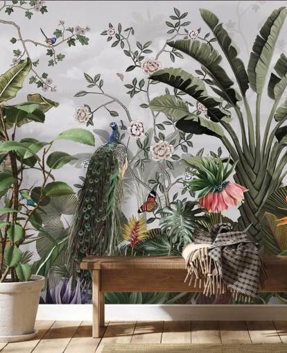 grey peacock wallpaper mural called Tropical Forest Peacock Grey at Wallsauce for bathrooms, kitchens and bedrooms grey peacock wallpaper mural called Tropical Forest Peacock Grey at Wallsauce for bathrooms, kitchens and bedrooms