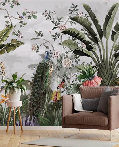 carta da parati murale con pavone grigio chiamato Tropical Forest Peacock Grey at Wallsauce per bagni, cucine e camere da letto