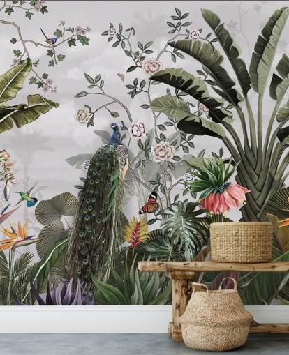 grey peacock wallpaper mural called Tropical Forest Peacock Grey at Wallsauce for bathrooms, kitchens and bedrooms