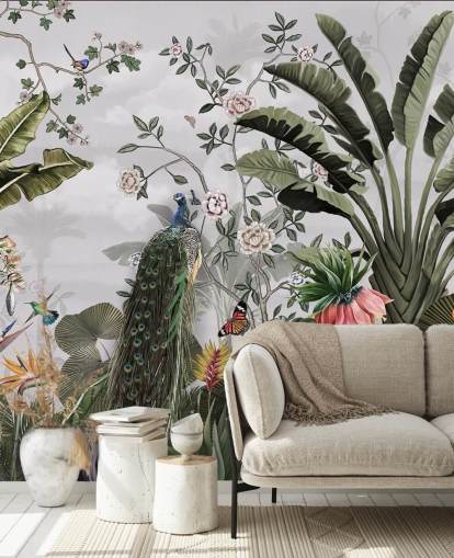 papier peint mural en forme de paon gris appelé Tropical Forest Peacock Grey chez Wallsauce pour les salles de bain, les cuisines et les chambres