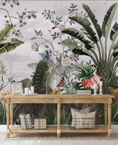 mural de papel de parede de pavão cinza chamado Tropical Forest Peacock Grey at Wallsauce para banheiros, cozinhas e quartos