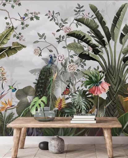 mural de papel pintado de pavo real gris llamado Tropical Forest Peacock Grey en Wallsauce para baños, cocinas y dormitorios