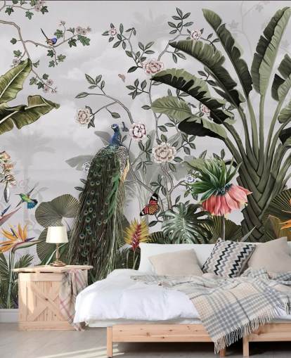 grey peacock wallpaper mural called Tropical Forest Peacock Grey at Wallsauce for bathrooms, kitchens and bedrooms grey peacock wallpaper mural called Tropical Forest Peacock Grey at Wallsauce for bathrooms, kitchens and bedrooms