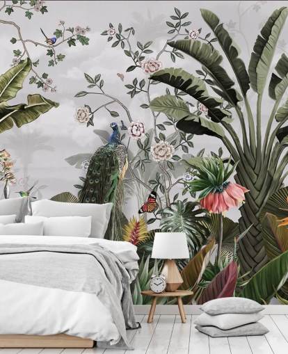 Graues Pfauentapeten-Wandbild namens Tropical Forest Peacock Grey bei Wallsauce für Badezimmer, Küchen und Schlafzimmer Graues Pfauentapeten-Wandbild namens Tropical Forest Peacock Grey bei Wallsauce für Badezimmer, Küchen und Schlafzimmer