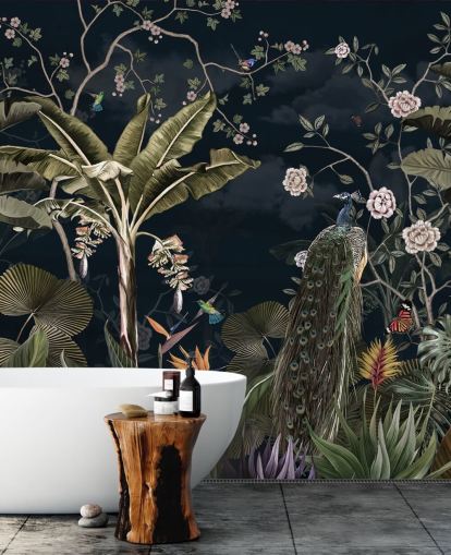 navy peacock wall mural called Tropical Forest Peacock Navy at Wallsauce for bedrooms and living rooms