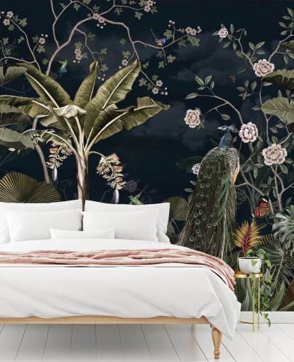 murale con pavone blu marino chiamato Tropical Forest Peacock Navy at Wallsauce per camere da letto e salotti murale con pavone blu marino chiamato Tropical Forest Peacock Navy at Wallsauce per camere da letto e salotti