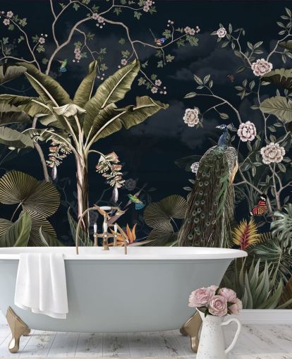 mural de parede de pavão azul marinho chamado Tropical Forest Peacock Navy at Wallsauce para quartos e salas de estar mural de parede de pavão azul marinho chamado Tropical Forest Peacock Navy at Wallsauce para quartos e salas de estar