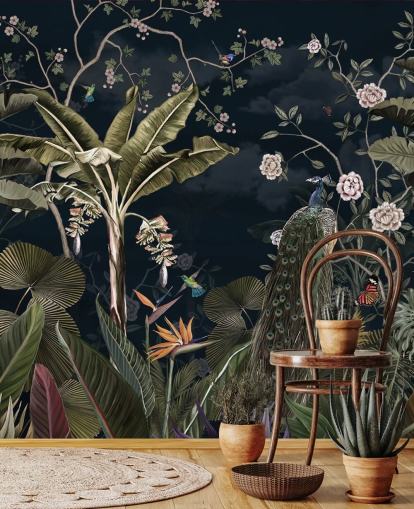 marinpåfågel väggmålning kallad Tropical Forest Peacock Navy på Wallsauce för sovrum och vardagsrum