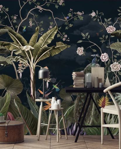 mural de parede de pavão azul marinho chamado Tropical Forest Peacock Navy at Wallsauce para quartos e salas de estar