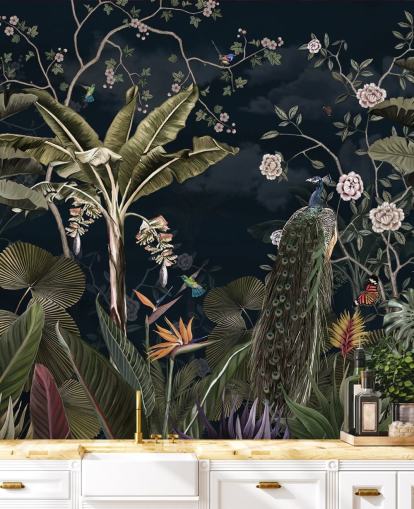 mural de pared de pavo real azul marino llamado Tropical Forest Peacock Navy at Wallsauce para dormitorios y salas de estar mural de pared de pavo real azul marino llamado Tropical Forest Peacock Navy at Wallsauce para dormitorios y salas de estar