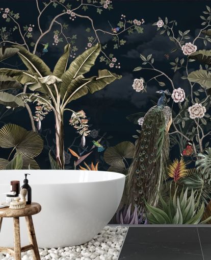 navy peacock wall mural called Tropical Forest Peacock Navy at Wallsauce for bedrooms and living rooms