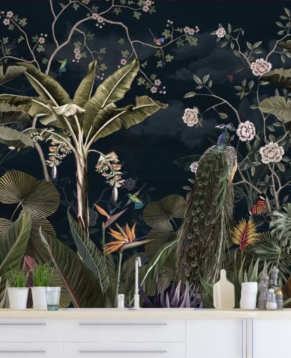 navy peacock wall mural called Tropical Forest Peacock Navy at Wallsauce for bedrooms and living rooms