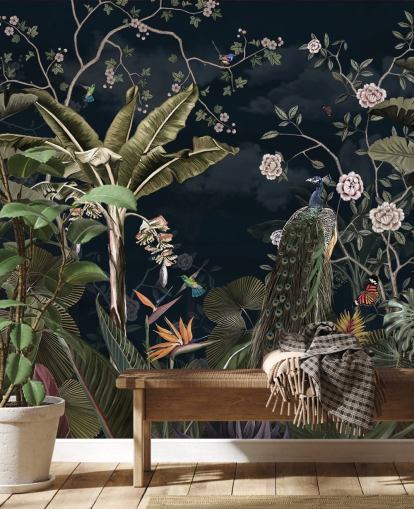 navy peacock wall mural called Tropical Forest Peacock Navy at Wallsauce for bedrooms and living rooms navy peacock wall mural called Tropical Forest Peacock Navy at Wallsauce for bedrooms and living rooms