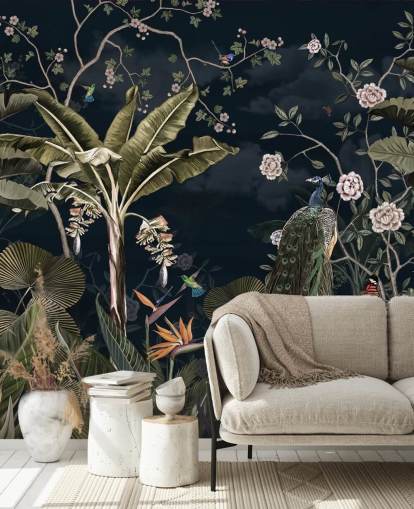 Marineblaues Pfau-Wandbild namens Tropical Forest Peacock Navy in Wallsauce für Schlafzimmer und Wohnzimmer Marineblaues Pfau-Wandbild namens Tropical Forest Peacock Navy in Wallsauce für Schlafzimmer und Wohnzimmer
