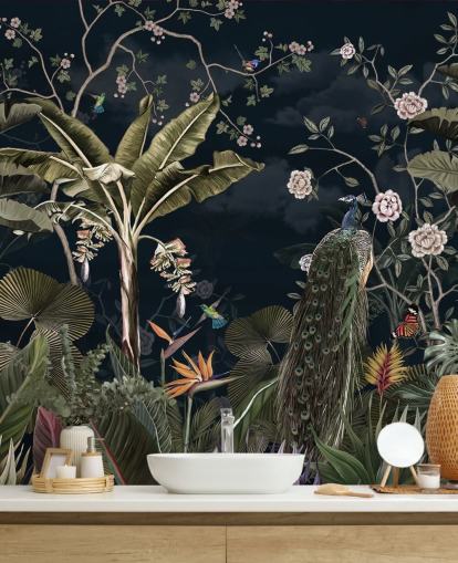 navy peacock wall mural called Tropical Forest Peacock Navy at Wallsauce for bedrooms and living rooms
