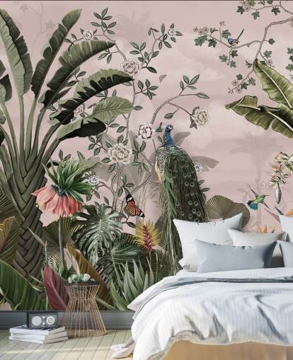 pink tropical wallpaper mural called Tropical Forest Peacock Pink at Wallsauce for bedrooms and living rooms pink tropical wallpaper mural called Tropical Forest Peacock Pink at Wallsauce for bedrooms and living rooms