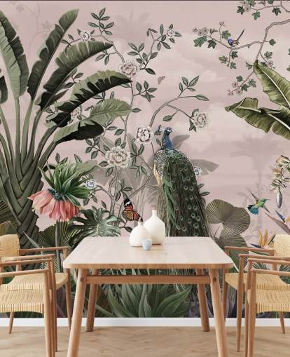 papier peint mural tropical rose appelé Tropical Forest Peacock Pink chez Wallsauce pour les chambres et les salons