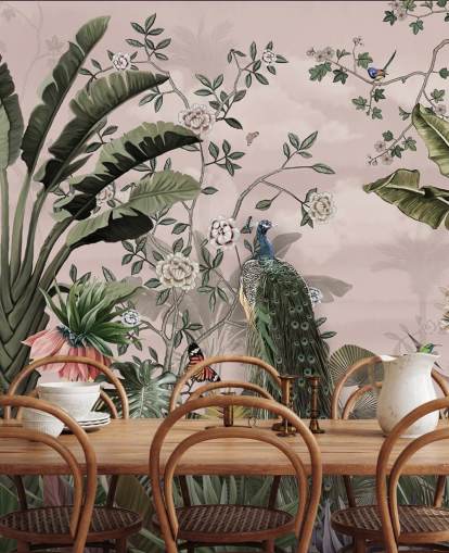 carta da parati murale tropicale rosa chiamata Tropical Forest Peacock Pink at Wallsauce per camere da letto e salotti