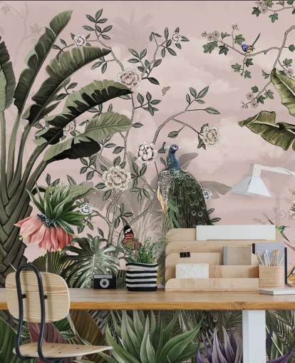 vaaleanpunainen trooppinen taustakuvamaalaus nimeltä Tropical Forest Peacock Pink Wallsaucessa makuuhuoneisiin ja olohuoneisiin