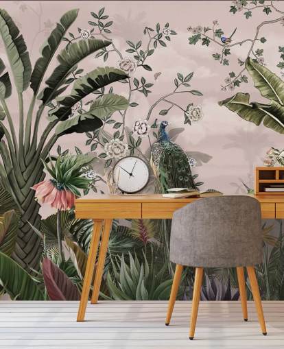 rosafarbenes tropisches Tapeten-Wandbild namens Tropical Forest Peacock Pink in Wallsauce für Schlafzimmer und Wohnzimmer