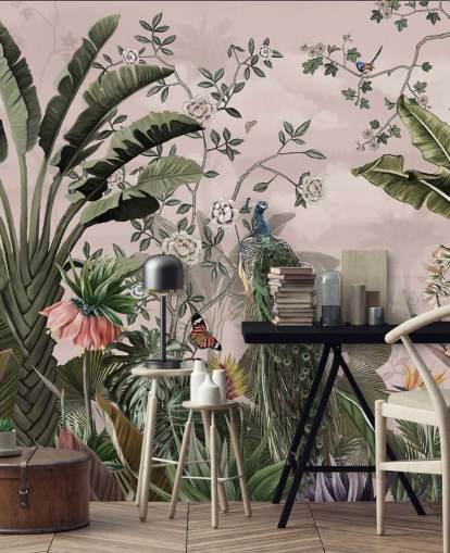 mural de papel de parede tropical rosa chamado Tropical Forest Peacock Pink at Wallsauce para quartos e salas de estar mural de papel de parede tropical rosa chamado Tropical Forest Peacock Pink at Wallsauce para quartos e salas de estar